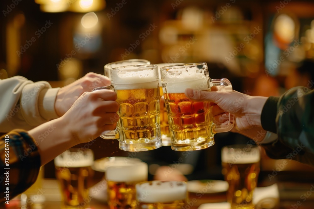 Closeup of hands toasting with beer glasses at a bar, celebrating and enjoying time together in a Japanese pub or restaurant Generative AI