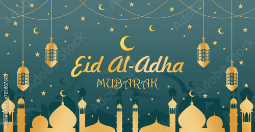 Eid Al-Adha mubarak midnight green banner postcard golden mosque star and moon background Muslim holidays