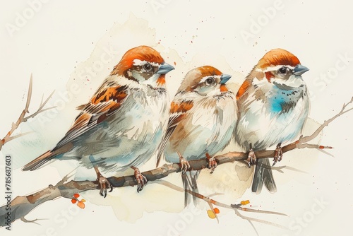 Loving Sparrow Family in Minimalist Watercolor Style Generative AI © Alex