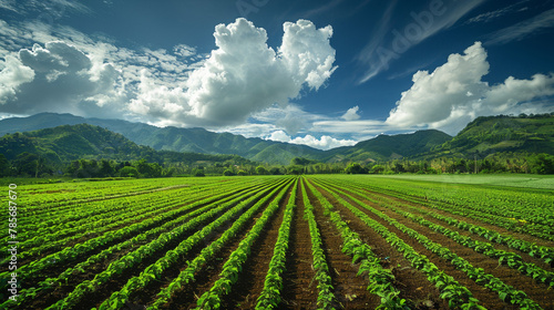 Vast tobacco field with rows leading towards mountains under a blue sky.
