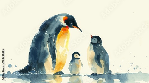 Minimalist Watercolor Illustration of a Loving Mother Penguin and Baby Generative AI photo