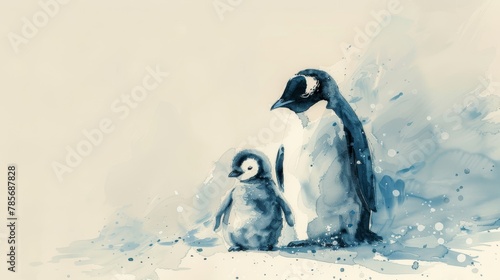 Heartwarming Watercolor Illustration of a Mother Penguin Cuddling Her Baby Generative AI