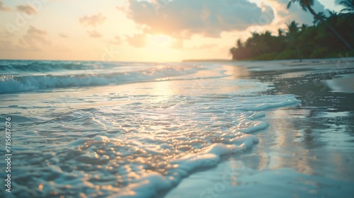 Softly focused view of a deserted tropical beach at sunset 02