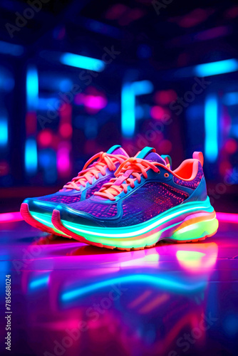Blue, purple and red futuristic neon sneaker, fashion mode