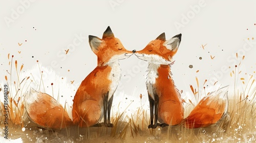 Minimalist Watercolor Loving Red Fox Couple Illustration Generative AI