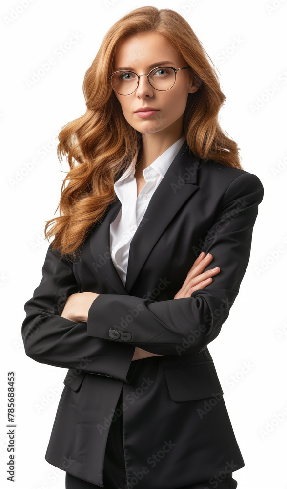 Red-haired woman with glasses in black suit Red-haired woman with glasses in black suit