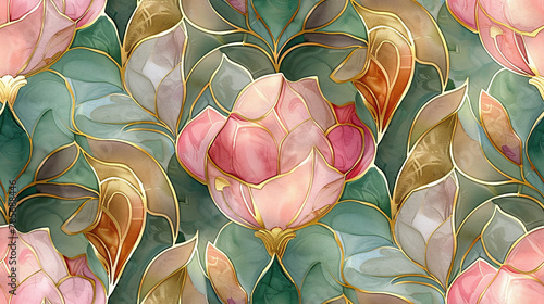 Fototapeta Naklejka Na Ścianę i Meble -  seamless abstract flowers or roses wallpaper art deco pattern, vitro or watercolor look, green, pink and gold colors, church stained glass