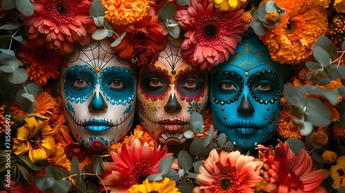 Vivid Faces of Tradition: A Floral Tribute to the Day of the Dead. Concept Day of the Dead, Floral Tribute, Tradition, Vivid Faces, Celebration photo