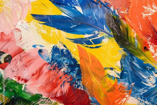 Vibrant Feathers Amidst a Kaleidoscope of Paint Strokes © Bernardo