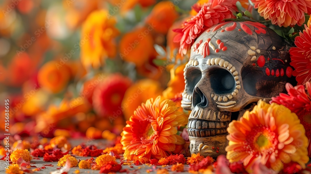 Vibrant Day of the Dead Skull Amidst Marigolds. Concept Day of the Dead, Vibrant Colors, Marigold Flowers, Skull Artwork, Festive Decorations