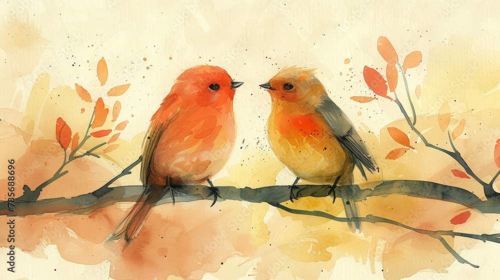 Minimalist Watercolor Illustration of Two Loving Redbreasts Generative AI