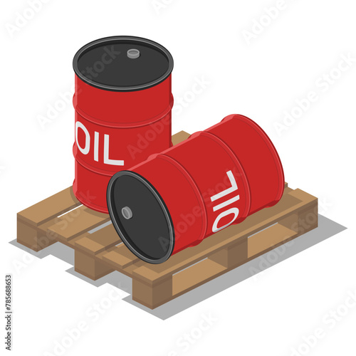 isometric red metal oil barrels on pallet isolated on white background vector flat illustration