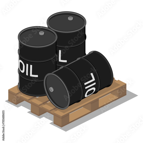 isometric black metal oil barrels on pallet isolated on white background vector flat illustration