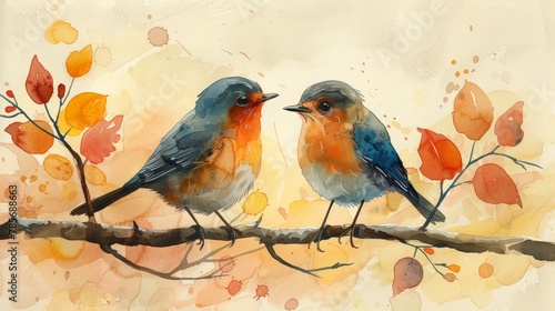 Loving Happy Robins - Minimalist Watercolor Children's Book Illustration Generative AI