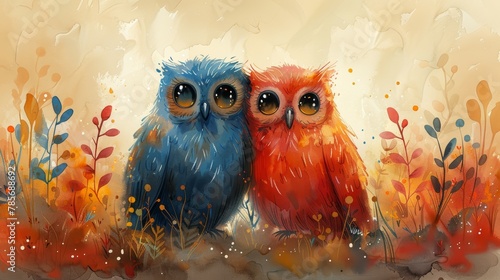 Delightful Owl Duo in Minimalist Watercolor Style Generative AI