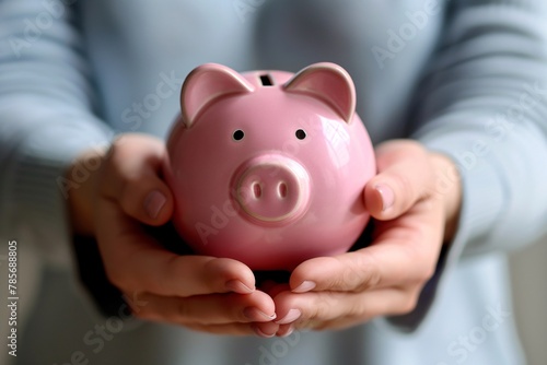 Portrait happy person holding piggy bank hands close-up financial success prosperity 01