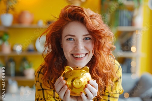 Portrait cheerful woman redhead hair clutching golden piggy bank hands financial success happiness 01