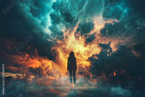 Photo breathtaking moment person electrifying glow lightning silhouette etched stormy sky atmospheric weather dramatic courageous awe power intensity 03