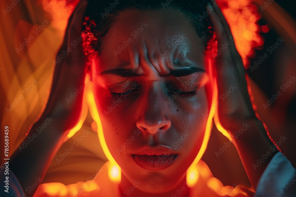 Person massaging their temples due to a tension headache, warm lighting, discomfort 01 Person massaging their temples due to a tension headache, warm lighting, discomfort 01