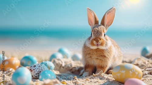 colorful easter eggs and cute bunny on the beach with vibrant spring scene for holiday photo
