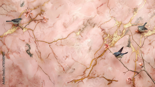 Rose Gold Marble Floor Texture. Birds pattern. Interior marble for wall.