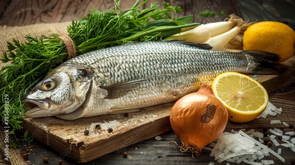 A fresh culinary still life of whole fish paired with sliced onions and lemons, ready for a gourmet preparation