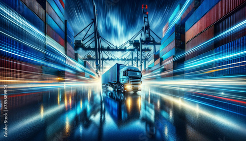 Truck speeding through industrial port with colorful light trails.