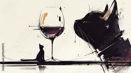 Minimalist Boho Line Art: Wein Glass and Black Cat Generative AI photo