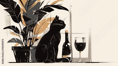 Minimalist Line Art Drawing of Wine Glass and Black Cat Generative AI photo