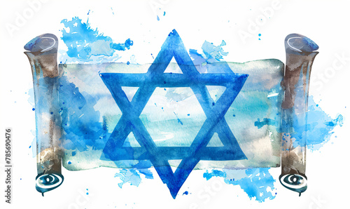 Old torah scroll with Star of David isolated on white background. Judaism religious symbol. Bible exodus torah. Happy Passover celebration, Yom Kippur, Purim. Watercolor illustration