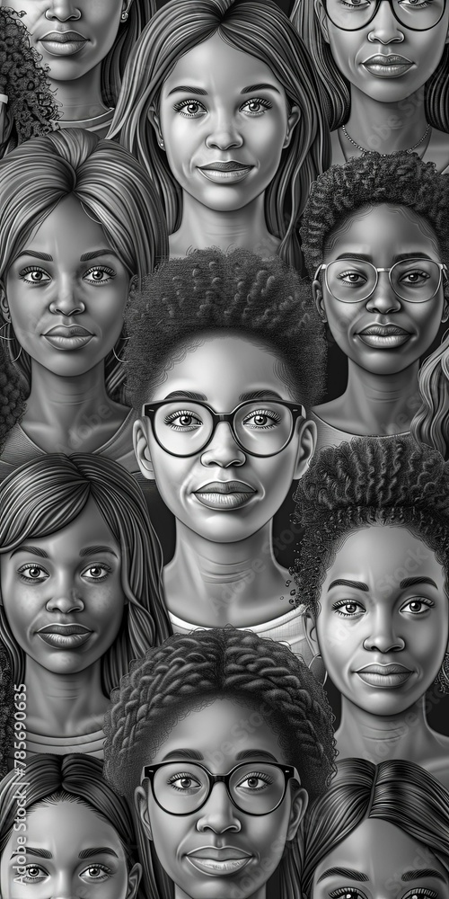Diverse group of illustrated African women, monochrome tones, smiling, with various hairstyles.