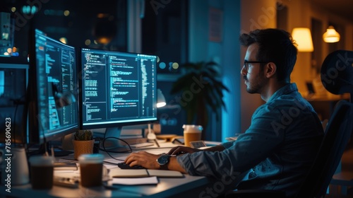 A software developer works on code late into the night, illuminated by the glow of multiple computer screens in a modern office. AIG41 © Summit Art Creations