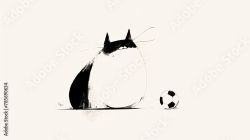 One Line Art Black Cat Playing Soccer Generative AI photo