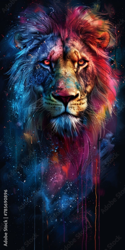 Colorful digital art portrait of lion with vibrant cosmic background, featuring blue, red, and yellow hues with stardust effect