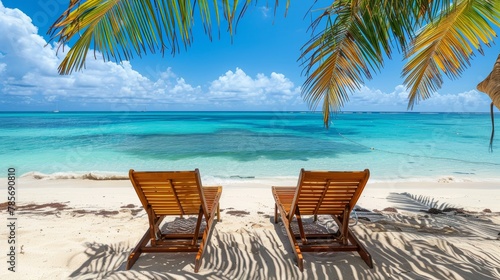 Idyllic tropical beach scene with two wooden lounge chairs  palm tree shade  white sand  and turquoise ocean under blue sky  vacation concept. Copy space.