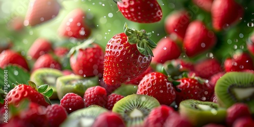 Vibrant assorted fresh berries with water droplets, including red strawberries, ripe raspberries, and green kiwi slices against a blurred background.