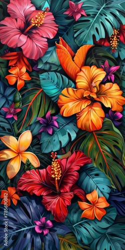 Vibrant tropical floral background with assorted flowers and leaves in shades of red, orange, blue, and green, ideal for summer or nature themes.