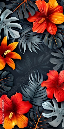 Vibrant red and orange hibiscus flowers with tropical monstera leaves on dark background  summer or tropical theme design.