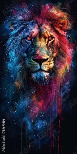 Colorful digital art portrait of lion with vibrant cosmic background  featuring blue  red  and yellow hues with stardust effect