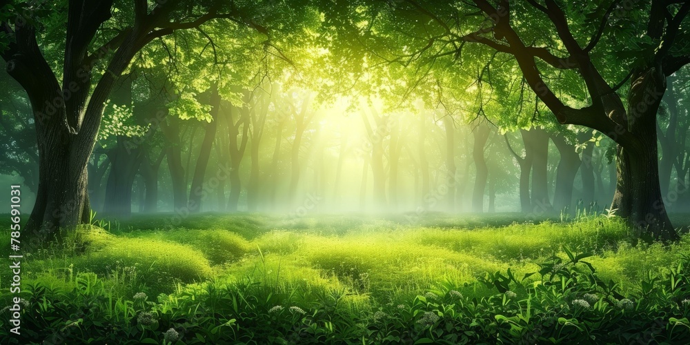 Enchanting sun rays piercing through vibrant green forest canopy, creating serene atmosphere suggestive of magical themes, nature backgrounds, or springtime. Copy space.