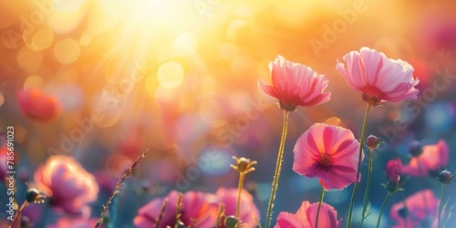 Sunlit vibrant pink cosmos flowers in full bloom during golden hour, suggestive of springtime, nature's beauty, and gardening themes. Copy space.