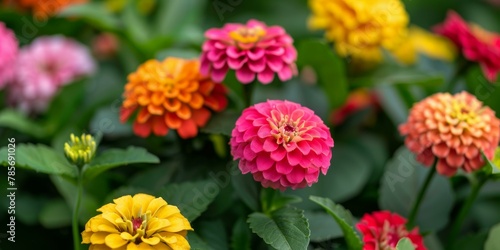 Vibrant assortment of multiple Zinnia flowers in pink, orange, and yellow hues, symbolizing summer gardens and natural beauty.