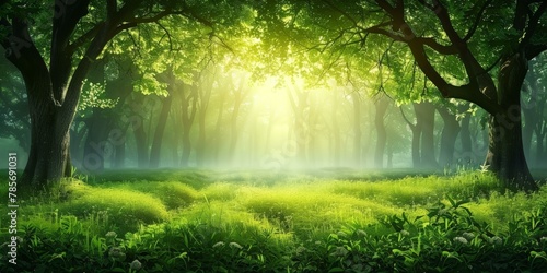 Enchanting sun rays piercing through vibrant green forest canopy, creating serene atmosphere suggestive of magical themes, nature backgrounds, or springtime. Copy space.