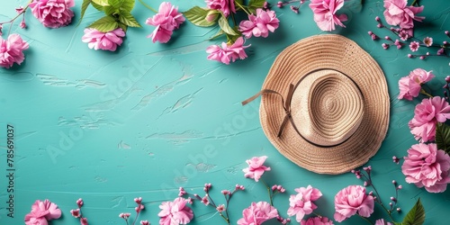 Charming summer composition with one beige straw hat and multiple pink flowers spread on turquoise background, suggesting vacation vibes. Copy space. photo