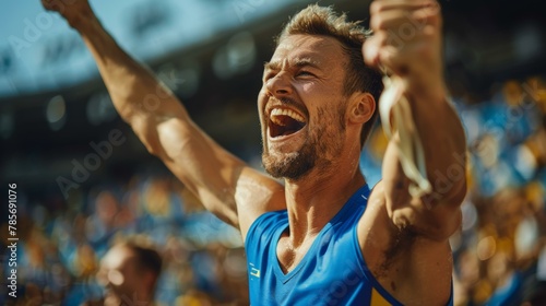 Ecstatic adult Caucasian male in blue shirt celebrating victory at sports event, with blurred spectators in background, vibrant colors.