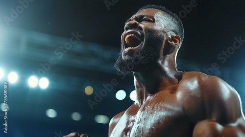 Euphoric African American athlete celebrating victory, showcasing muscular physique under bright lights, suitable for sports and motivational themes. Copy space.