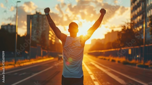 Triumphant man with raised arms at sunset on city street, conveying success, goal achievement, and positive themes. Copy space. © BrightWhite