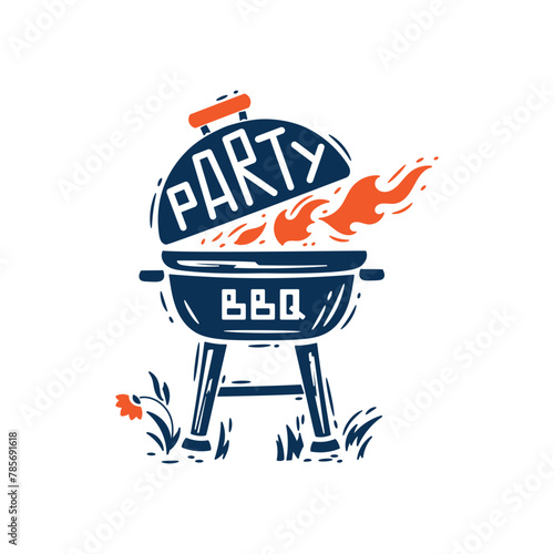 BBQ Time. Grill Barbecue Party. Portable Charcoal Grill with Fire Flame. Vector illustration