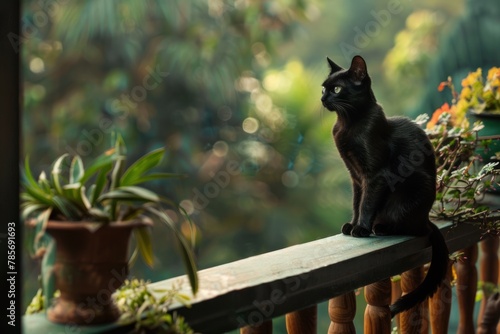 A calm scene with a black cat on the veranda, the tranquility of nature is reflected in his peaceful behavior.