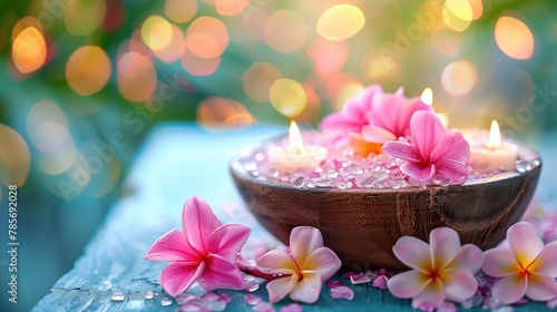 Salt in a wooden bowl with pink flowers and candles on a table